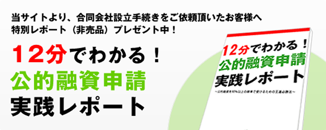 12分でわかる！公的融資申請実践レポート!当サイトより、株式会社設立手続きをご依頼頂いたお客様への特別レポート（非売品）プレゼント中！